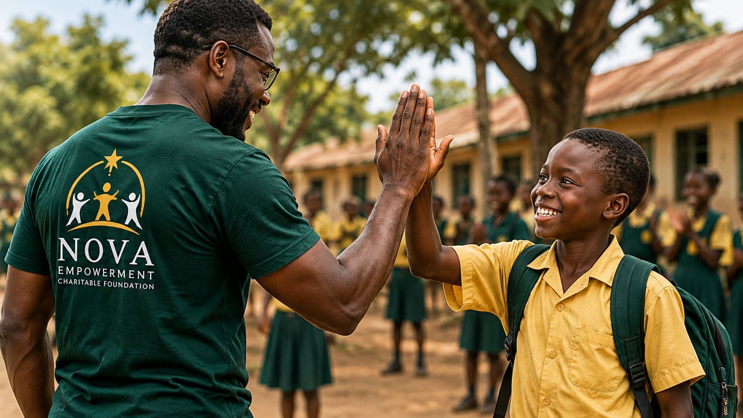 NOVA volunteer giving a high five to a boy in uniform
