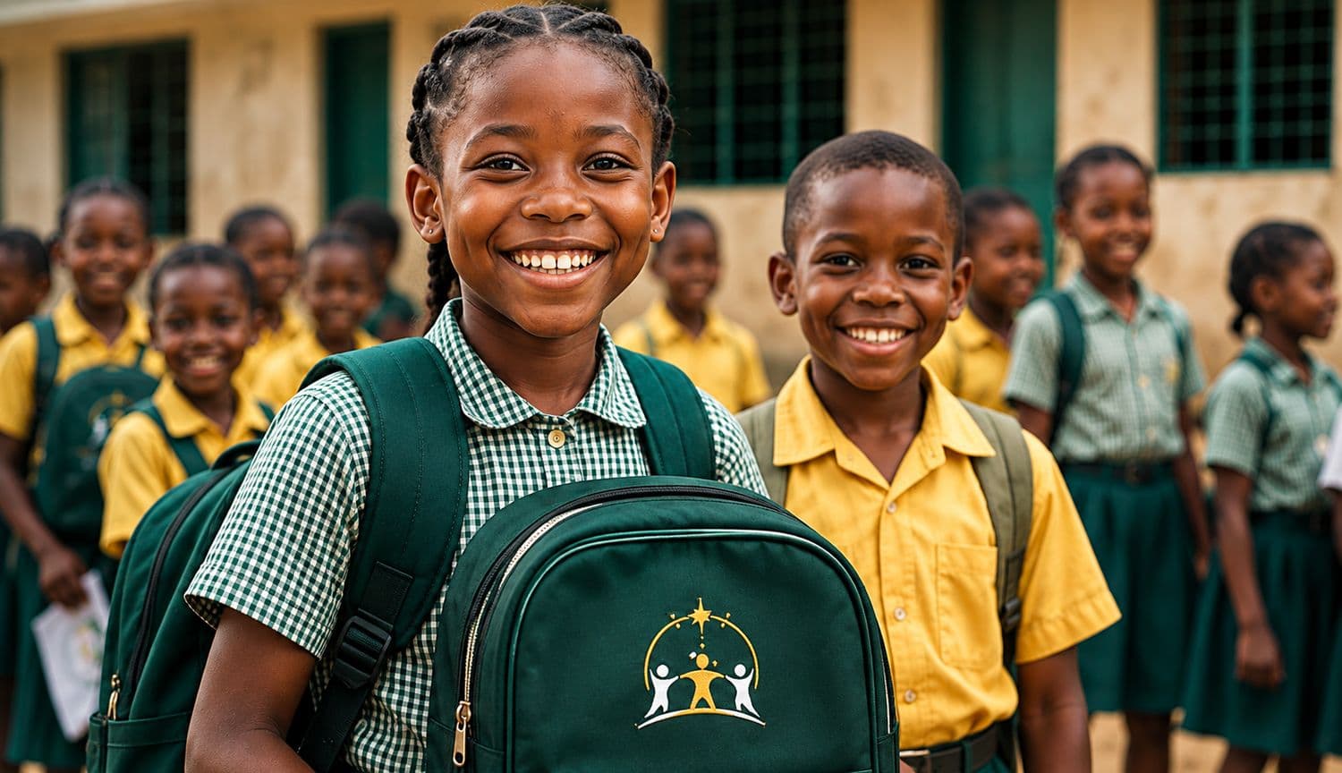 smiling boy in yellow shirt with green NOVA backpack
