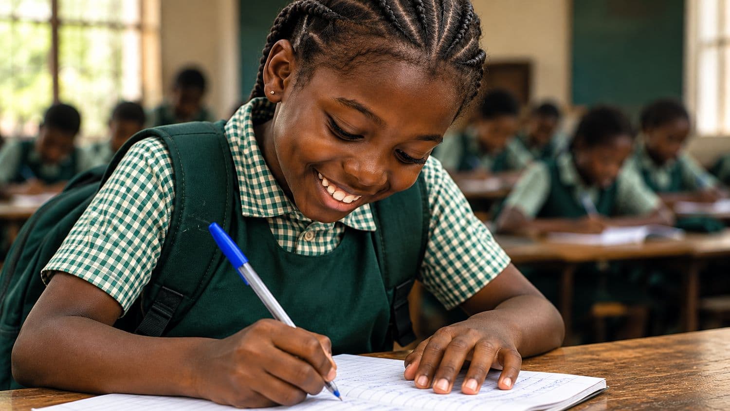 smiling girl writing at a desk