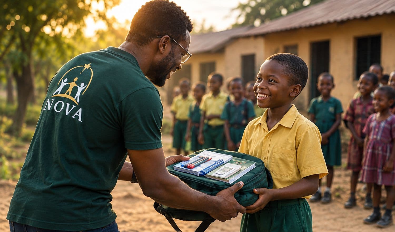 NOVA volunteer handing a school kit to a boy
