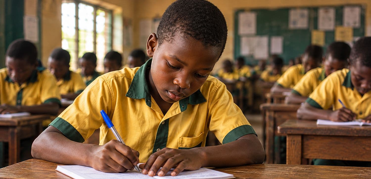 boy writing in a notebook at a classroom desk